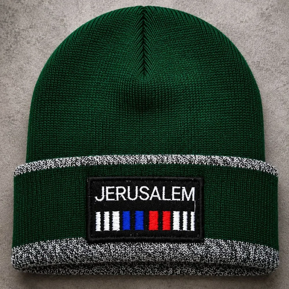 Jerusalem Israel Beanie Green Knit Cuffed Winter Hat Souvenir Hebrew One Size